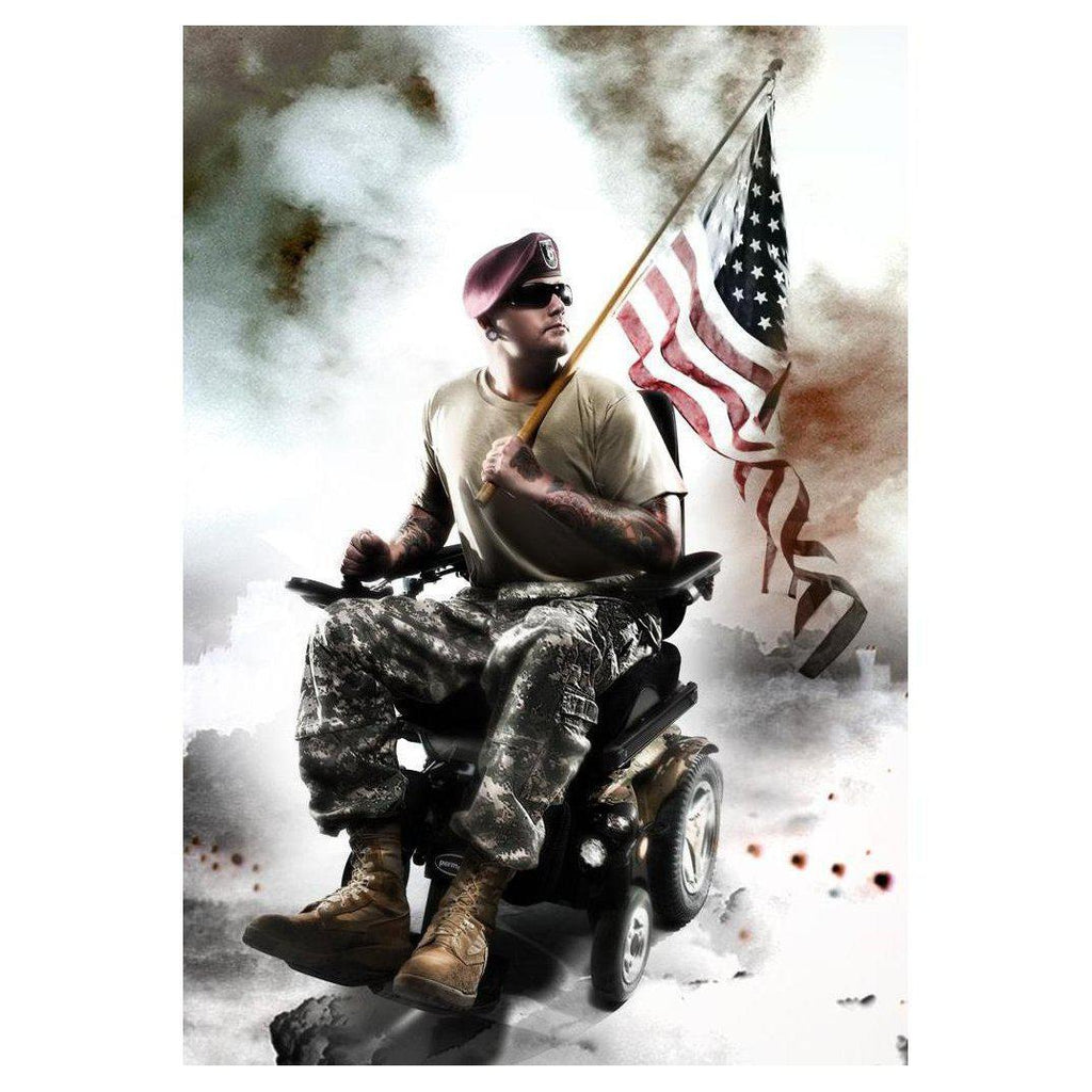 Remember to Thank a Veteran: Veteran in wheelchair holding American flag on a pole in a parade with people along the street.