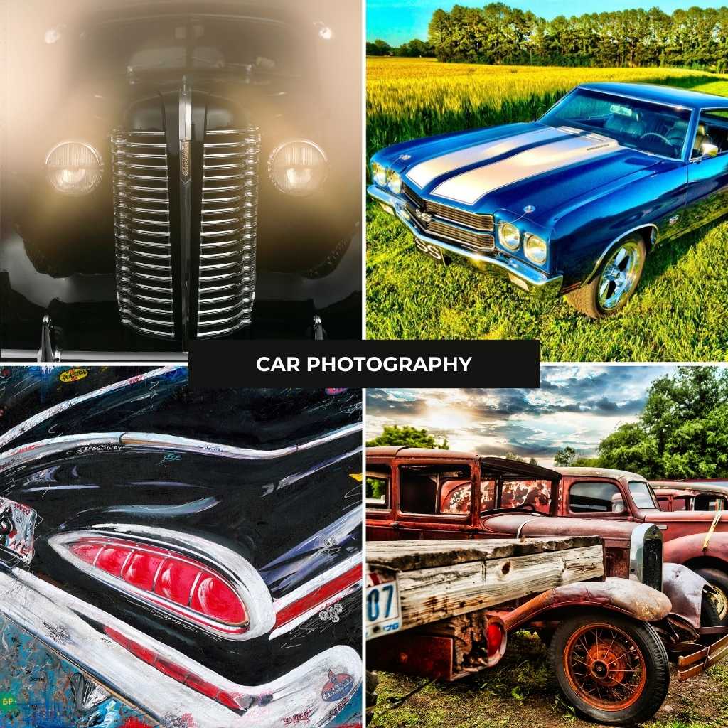 Car Art Collection: vintage car's front grill, classic blue muscle car, a painting of a car's rear & a rusty antique truck.