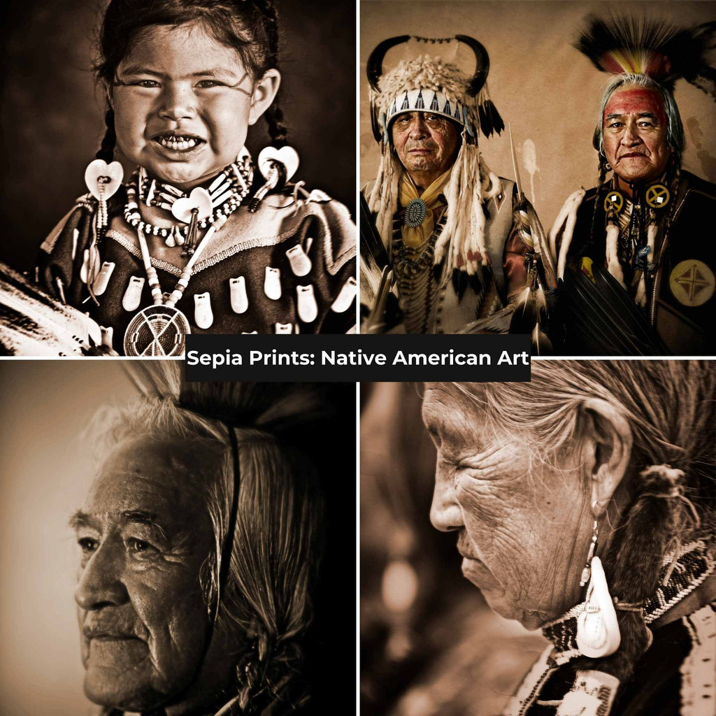 Native American Sepia Prints Collection: brown-toned photo portraits in traditional clothing inspired by Edward S. Curtis.