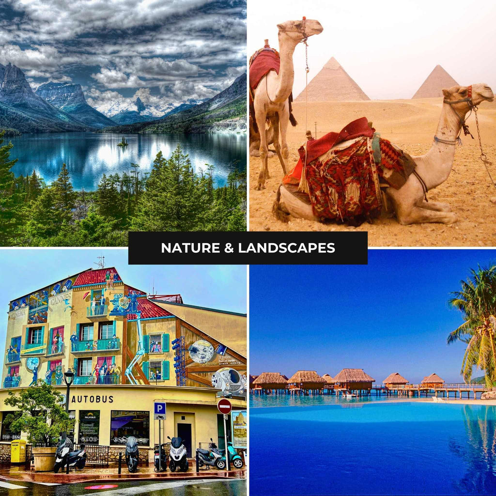 Nature & Landscape Collection: 4 images, Glacier Lake, Camels in front of pyramids, Cannes Bus Depot Building & Tahiti huts.