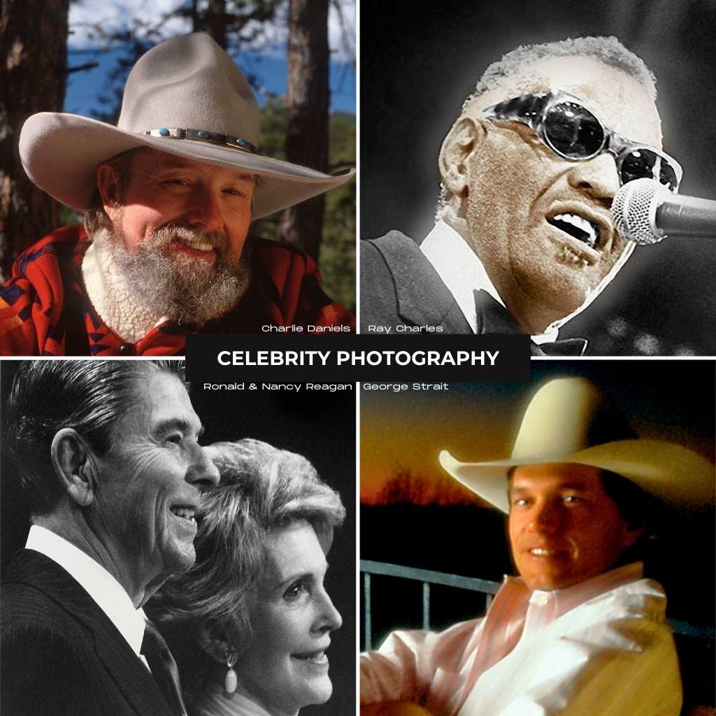 Celebrity Portrait Art Collection: Iconic photographs of Charlie Daniels, Ray Charles, Ronald & Nancy Reagan & George Strait.