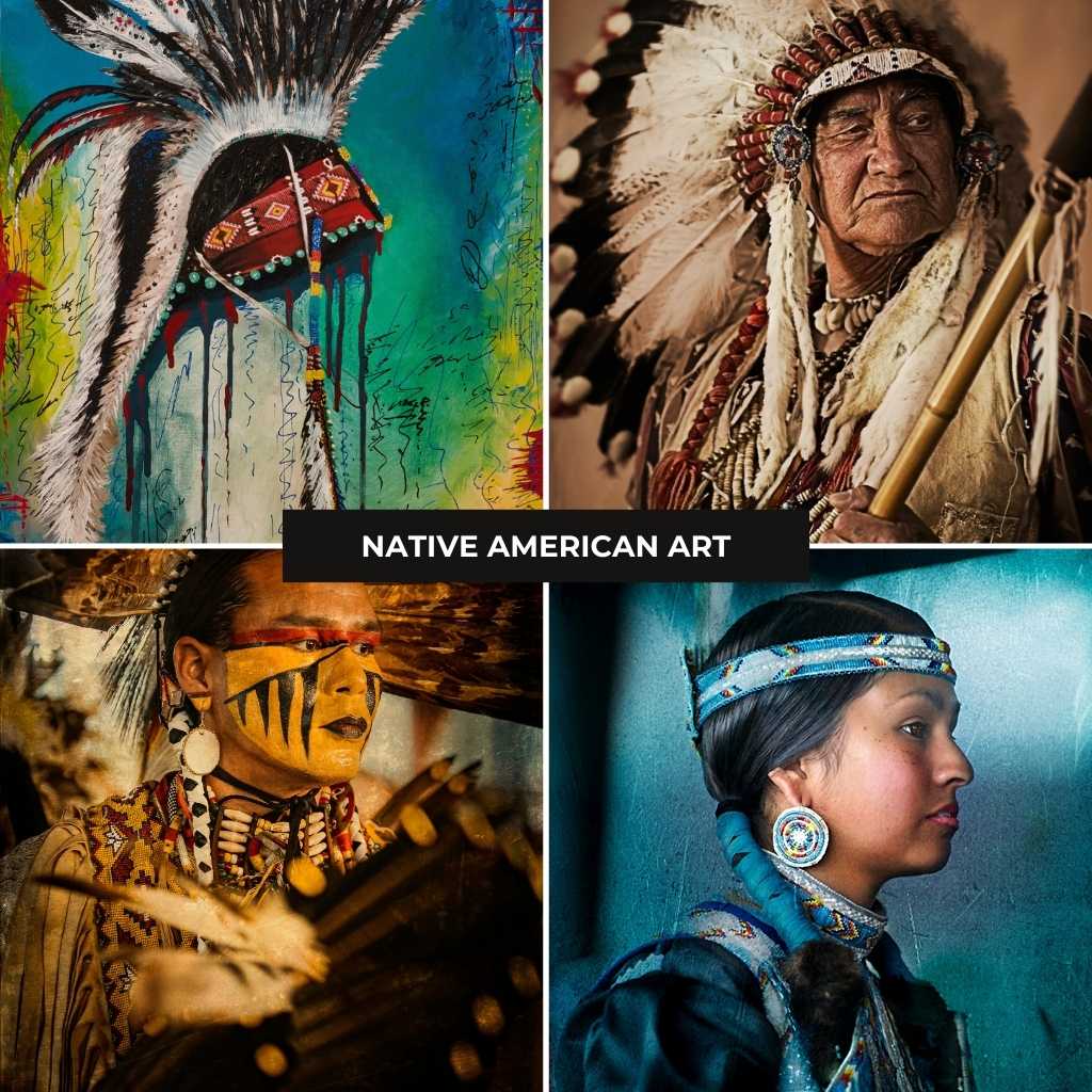 Native American Art Collection: headdresses, portraits, traditional attire, includes paintings and photographs of men & women