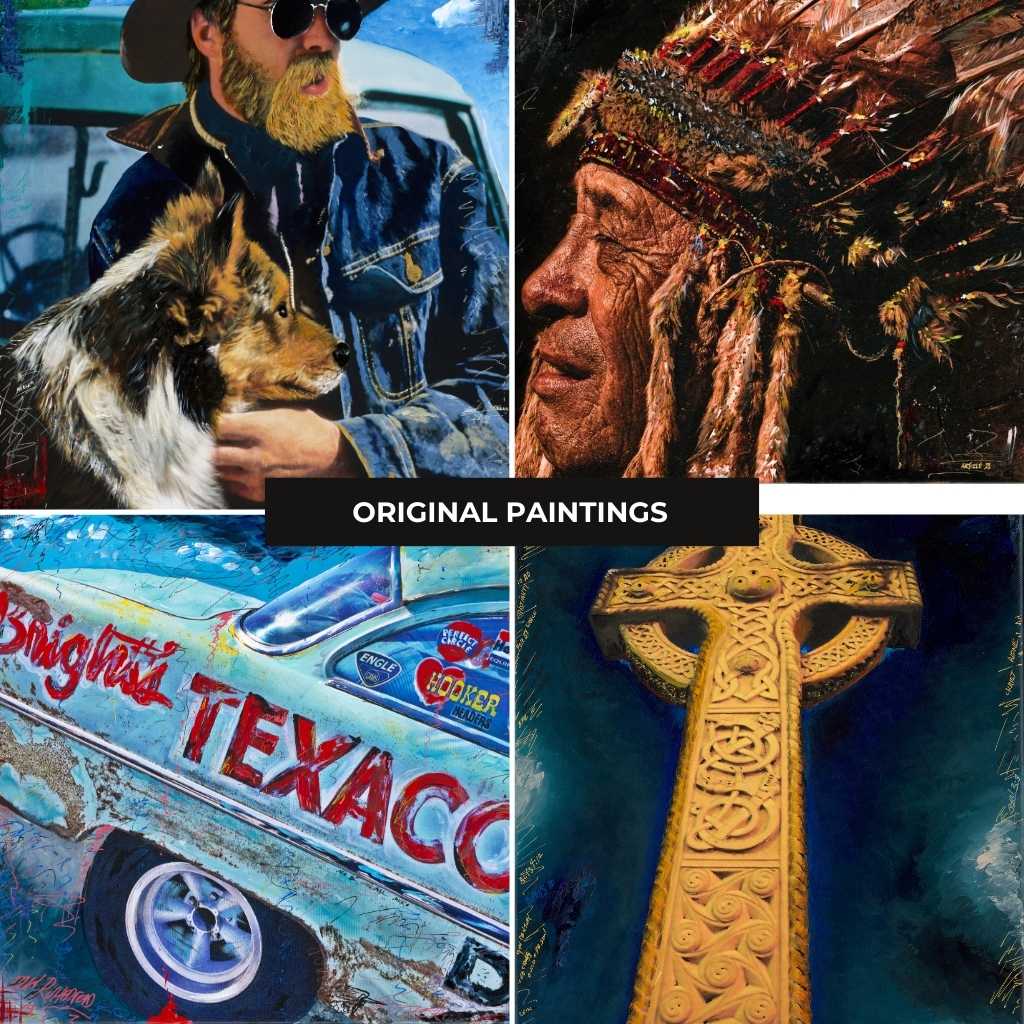 Original Paintings Collection of original mixed-media artwork showcasing diverse subjects of Native American, Cowboy & Cars.