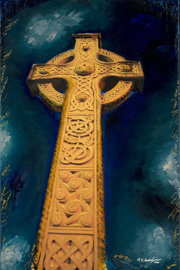 Golden Celtic Cross art print, "At the Cross," inspired by Christian beliefs, Irish and Scottish culture.