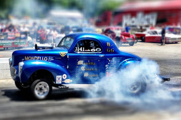 Photograph of 1940 Willys drag racing car "Blue Thunder" during burnout, by Michael W. Rutherford