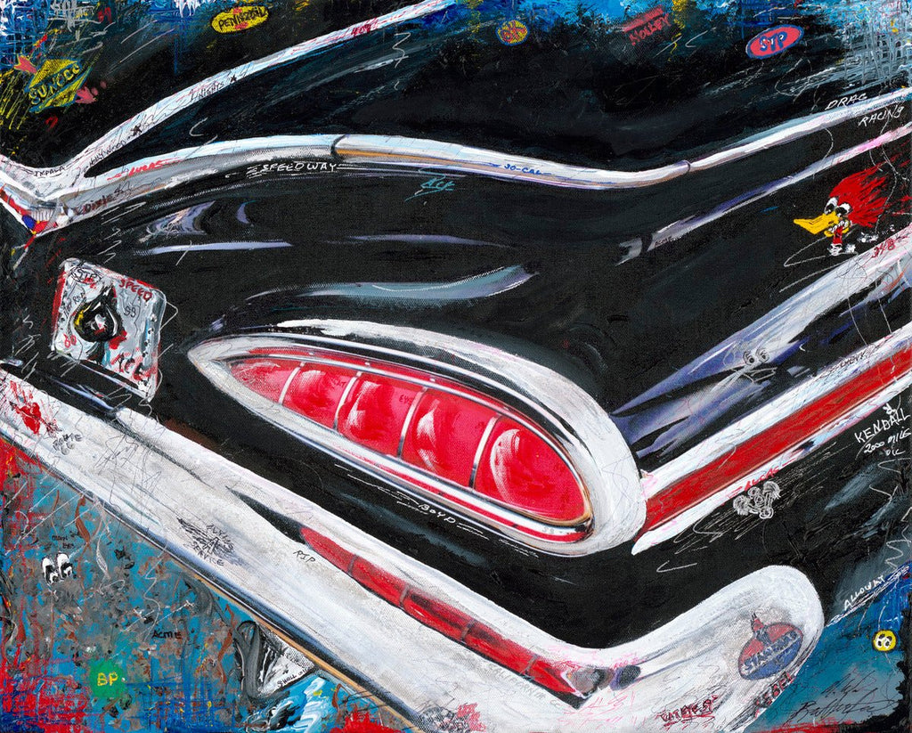 1959 Chevrolet with cat-eye taillights in a nostalgic 1950s American scene in a mixed-media painting.