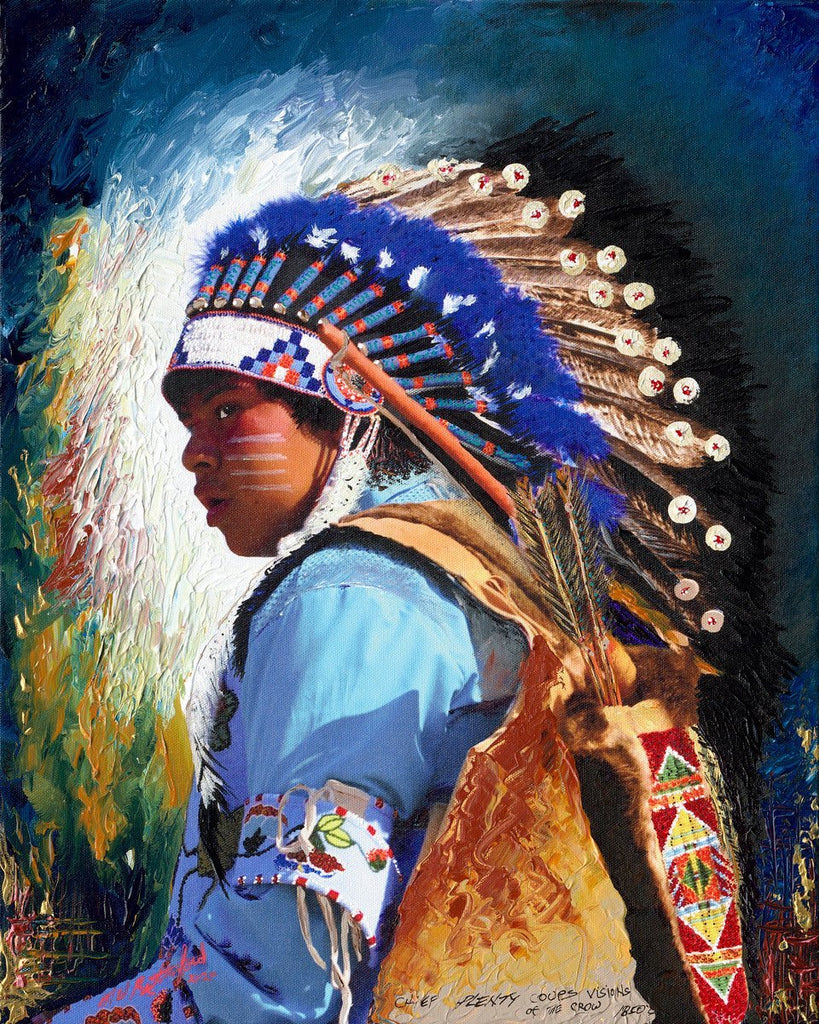 Limited edition canvas print of Chief Plenty Coups by Michael W Rutherford, capturing Crow Nation history.