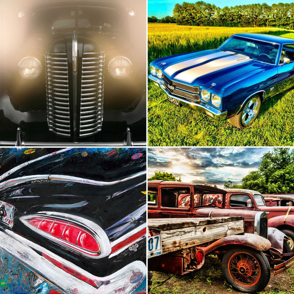 Classic Car Collection: vintage car's grill, classic blue muscle car, a painting of a car's rear, and a rusty antique truck,