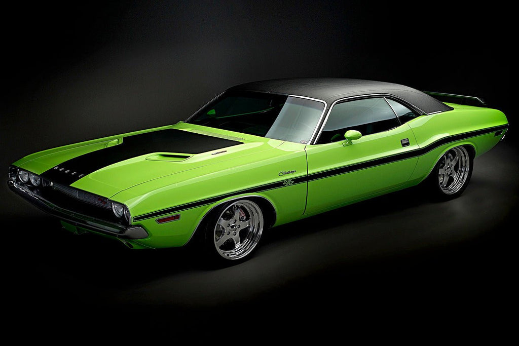 Limited edition Dodge Challenger R/T art print by Michael W. Rutherford, vibrant green muscle car with chrome details.