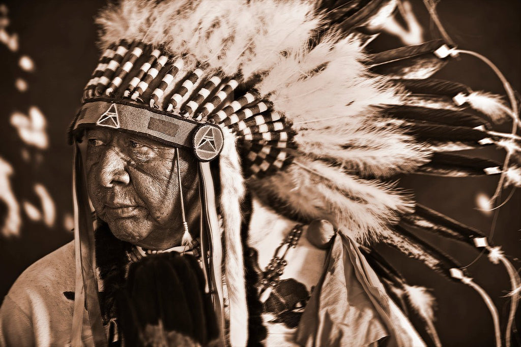 Portrait of an elderly Native American man in sepia tones, wearing a full headdress adorned with numerous feathers, some of which extend down past his shoulders.