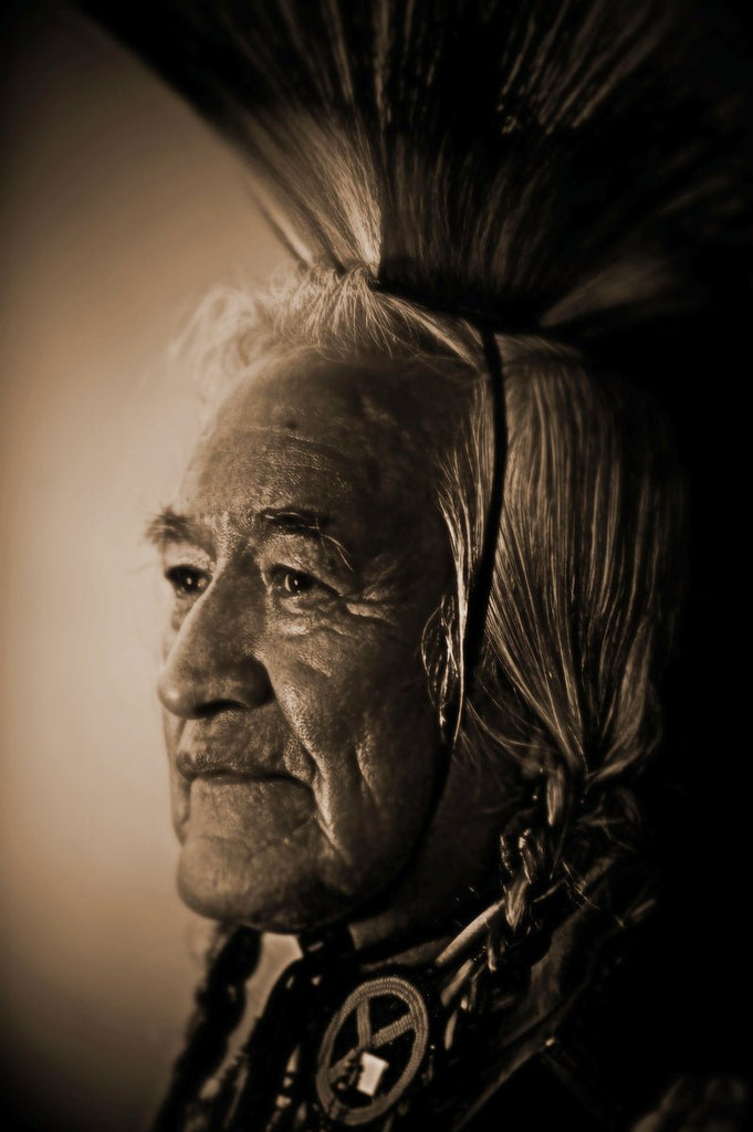 Elderly Native American with long tied-back hair, a feathered headdress, and a thoughtful expression marked by deep wrinkles.