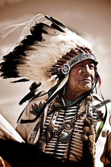 An elderly Native American chief in full regalia and a feathered headdress, featured in a sepia portrait.