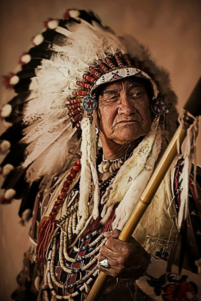 A Native American Flathead chief in a traditional headdress and attire. The photo is rich in detail and color, conveying a sense of dignity and strength.