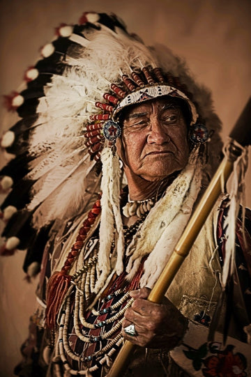 Native American Flathead Chief portrait in sepia tones, wearing an eagle feather headdress, by Michael W. Rutherford.