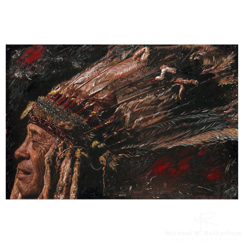 Honorable, Worthy of Respect mixed-media painting by Michael W. Rutherford featuring Native American elder with vibrant cultural symbolism