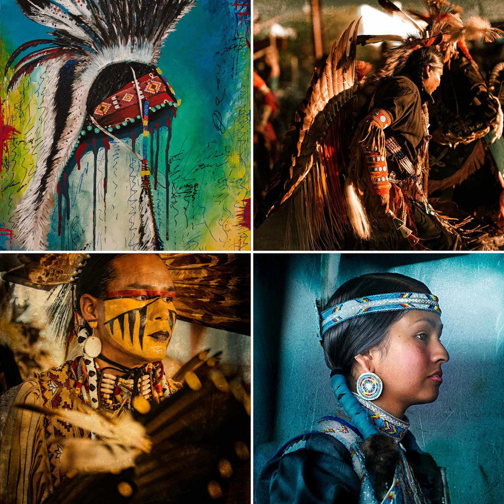 Native American Art Collection: 4 portraits of three men and one woman in headdresses, portraits, and traditional attire.