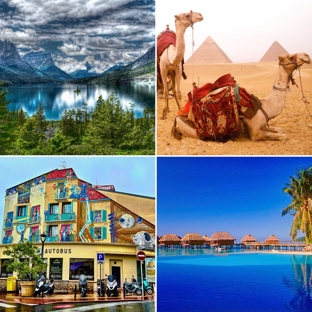 Nature & Landscape Collection: 4 images, Glacier Lake, Camels in front of pyramids, Cannes Bus Depot Building & Tahiti huts.