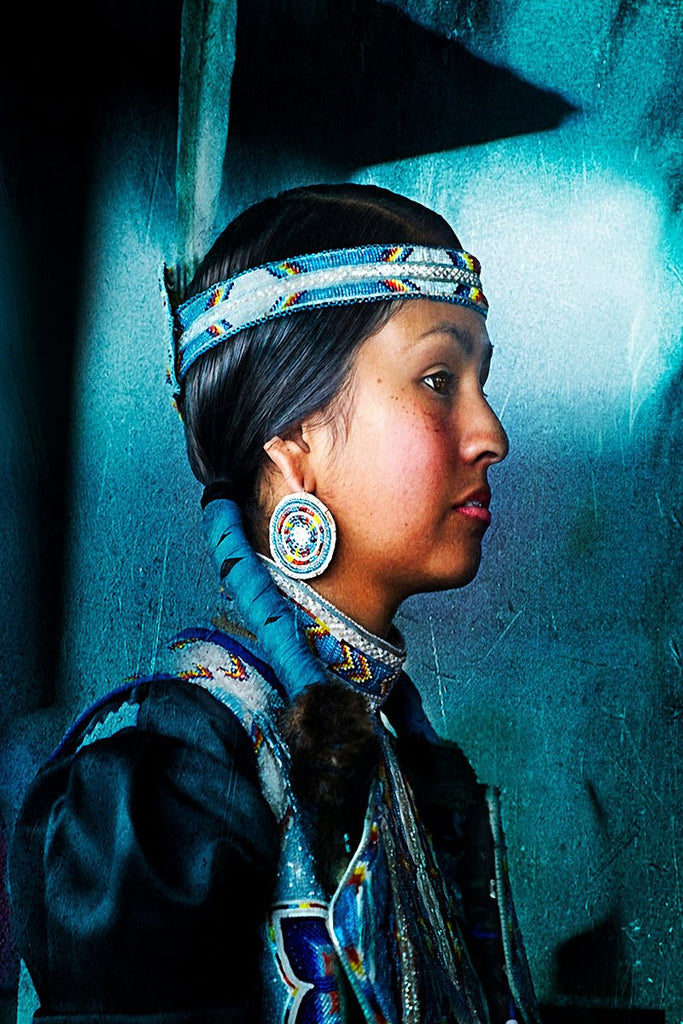 Northern Cheyenne princess portrait by Michael W. Rutherford, featuring traditional attire and beaded jewelry.