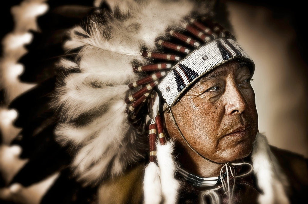 The image, taken by Michael W. Rutherford, presents a close-up, slightly low-angle portrait of an older Native American man wearing a traditional feathered headdress