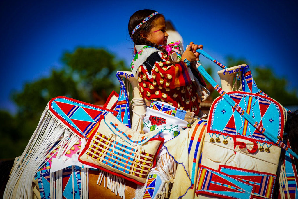 Young Native American girl in traditional attire on a horse with vibrant, beaded regalia against a bright blue sky in 'The Ride of the Papoose.'