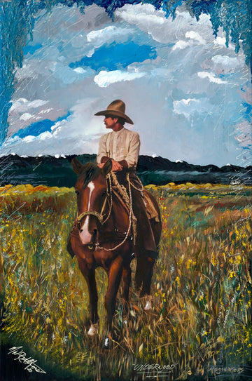 "Underwood" - Limited edition Western art featuring a cowboy on horseback with a mountainous backdrop, by Michael W. Rutherford.