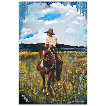 Original mixed-media painting titled "Underwood" featuring a cowboy on horseback with a vast mountain and sky background.