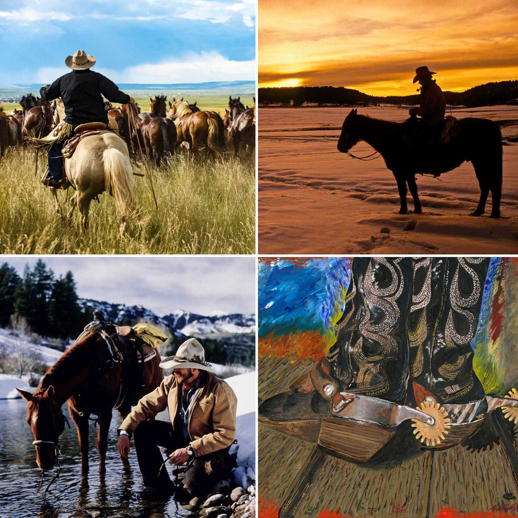 Western Cowboy Art Collection: cowboy herding horses, sunset silhouette, cowboy & horse by a stream, boots and spurs painting