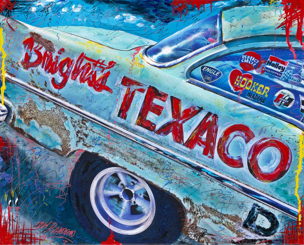 1955 Chevy in mixed media painting with blue car and bright red letter's showing Bright's Texaco