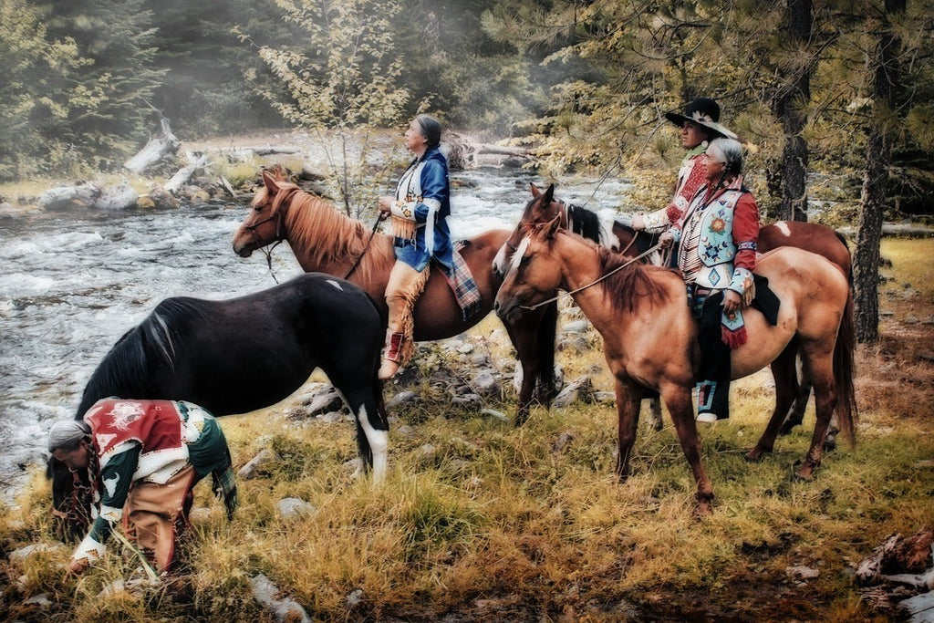 Native American horseback scene by a river or stream by Tim Ryan and Michael W. Rutherford at Flathead Reservation