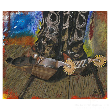 Mixed media original painting based off a photo of R. W. Hampton's boots called 'Boots of a Cowboy' by Michael W. Rutherford.