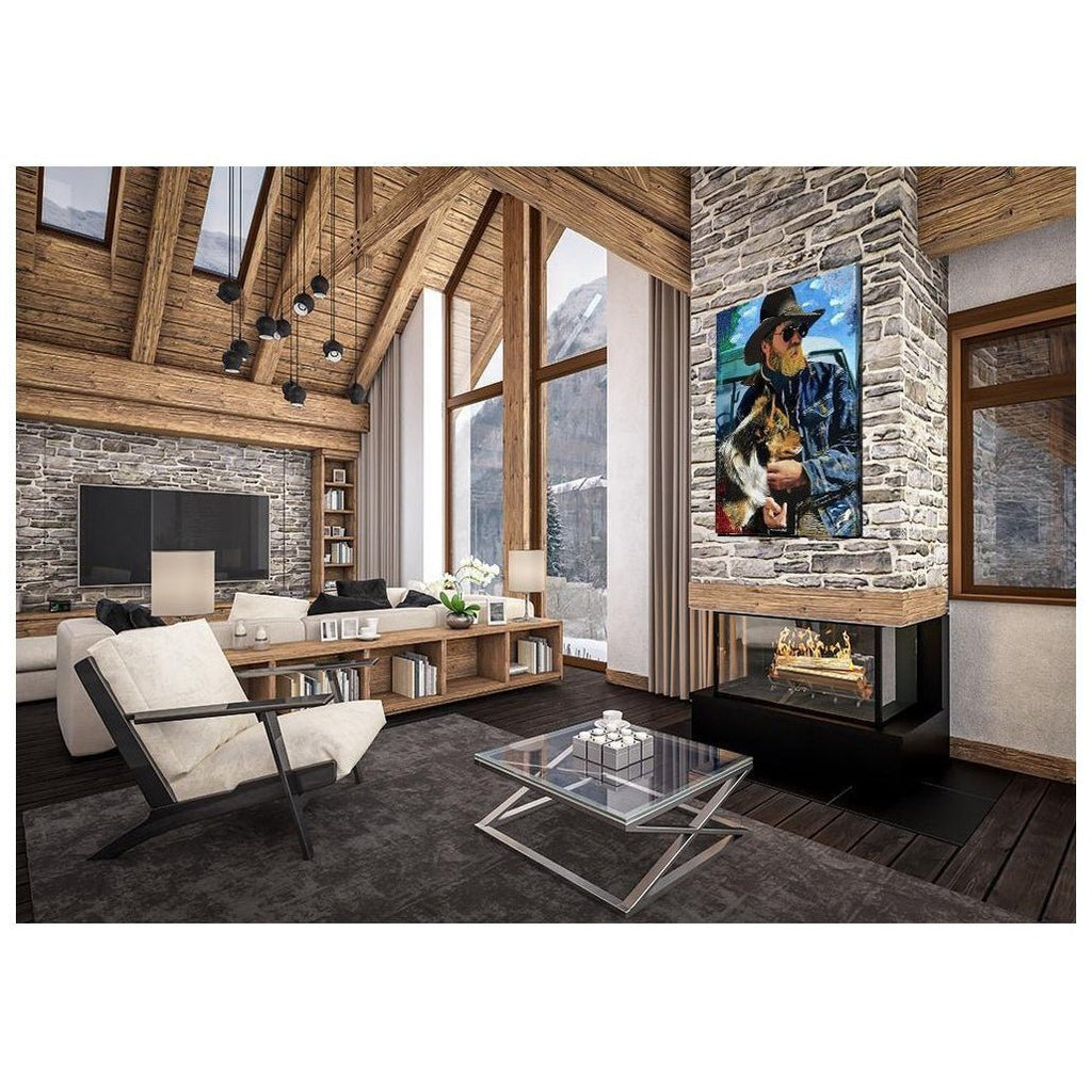 Mock-up of a rustic living room with a 'Cowboy and His Dog' print above the fireplace in a modern rustic style.