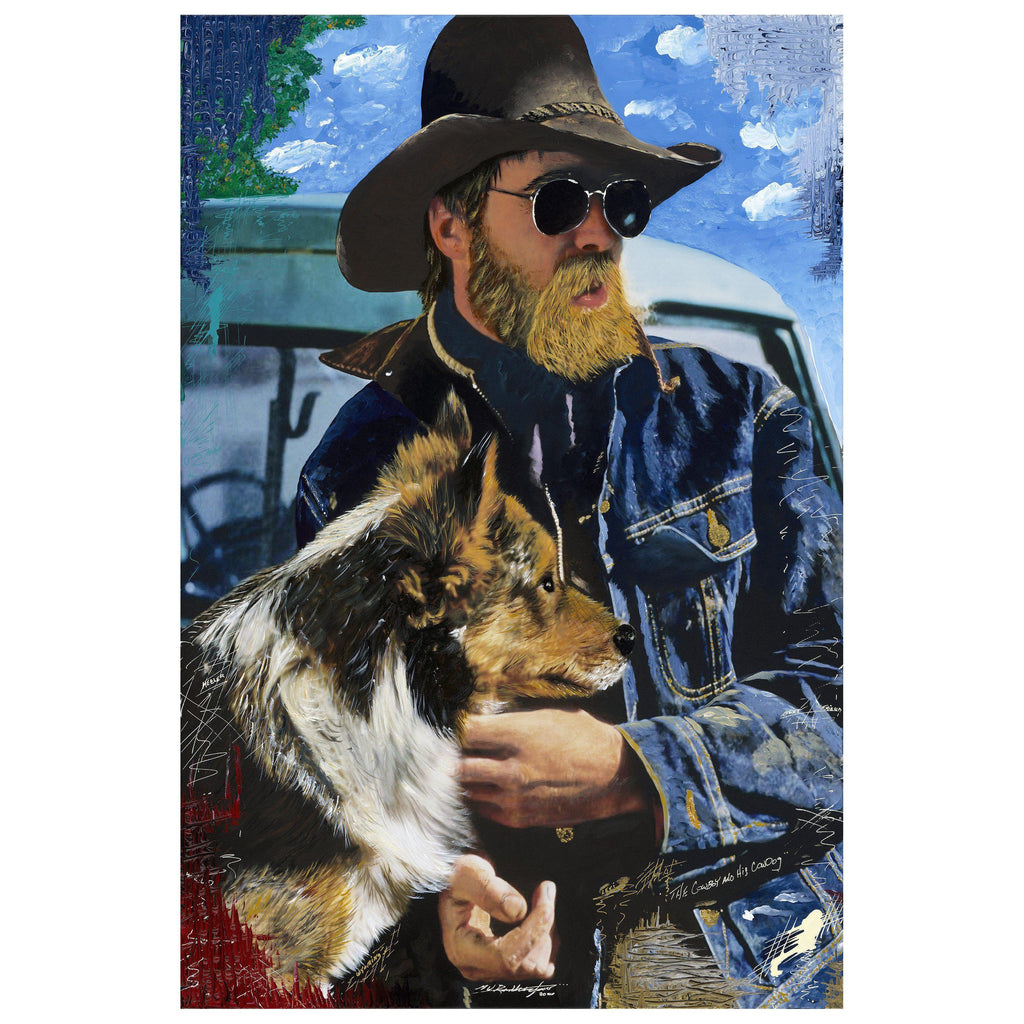 Embellished mixed media art of an old rancher wearing a hat and sunglasses with his dog.