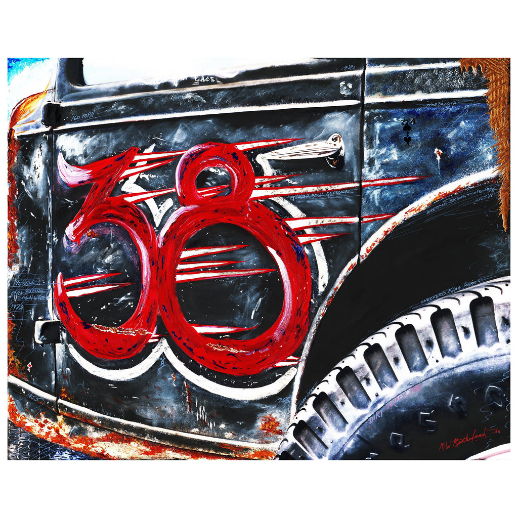 Original painting titled "Dirt Track # 38" shows numbers painted on a classic car.  There are symbols and phrases drawn in all throughout this stunning piece. 