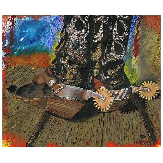 R W Hampton is a well known country artist who is also a real cowboy.  This painting is of his boots.  It has words and symbols worked into the artwork.