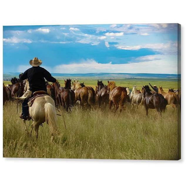 Beautiful image of a cowboy herding up wild mustangs.