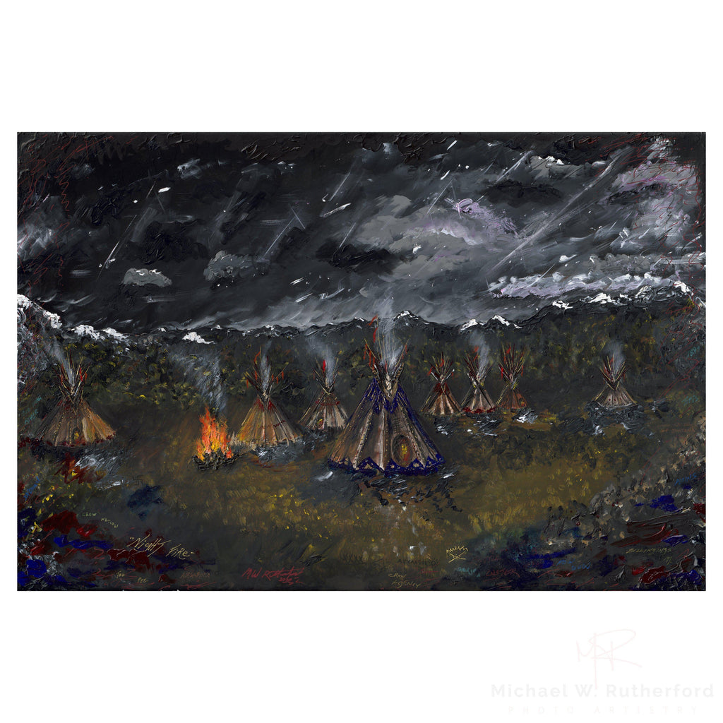 Group of teepees at night with an ominous sky in the back ground.Night Fire - Original Painting - 30" x 20" Original Painting Rutherford Photo Artistry 